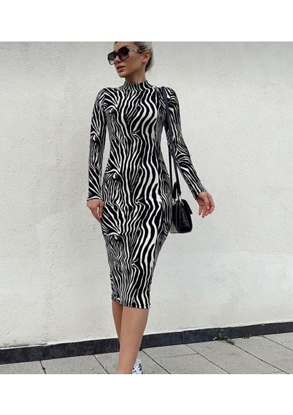 Kadın Zebra Desen Süet Kumaş Fırsat Ürün Midi Boy Elbise