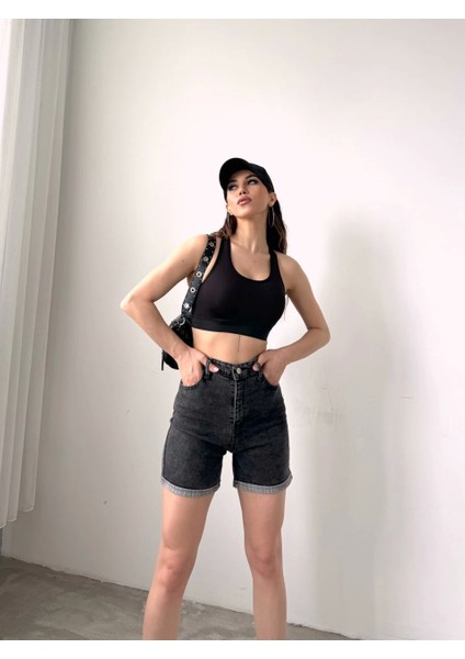 Duble Paça Yıkamalı Denim Şort