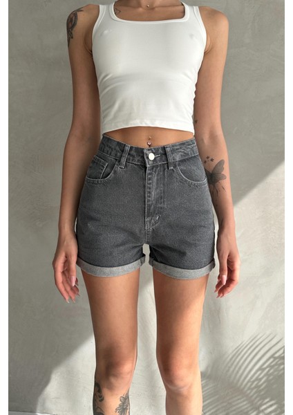 Duble Paça Kısa Düz Denim Şort