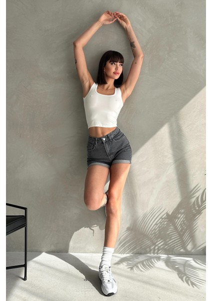 Duble Paça Kısa Düz Denim Şort