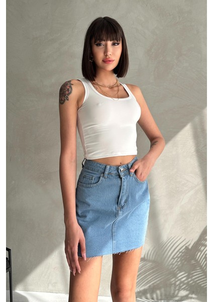 Dikişsiz Cepli Kısa Denim Etek fiyatları