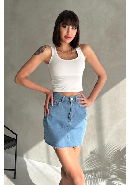 Dikişsiz Cepli Kısa Denim Etek modelleri