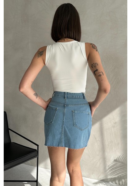 Dikişsiz Cepli Kısa Denim Etek fırsatları