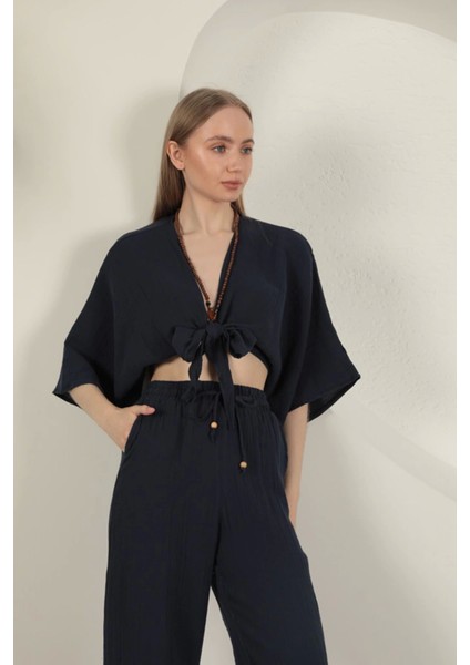 Müslin Kumaş Kimono-Lacivert