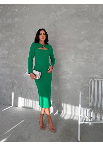 Kadın Uzun Kollu Halka ve Pencere Dekolte Detay Fırsat Ürün Midi Boy Elbise fiyatları