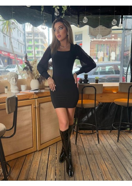 Kadın Kare Yaka Kolları Tül Sandy Kumaş Fırsat Ürün Mini Siyah Elbise modelleri