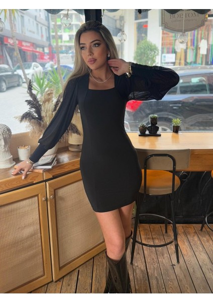 Kadın Kare Yaka Kolları Tül Sandy Kumaş Fırsat Ürün Mini Siyah Elbise fırsatları