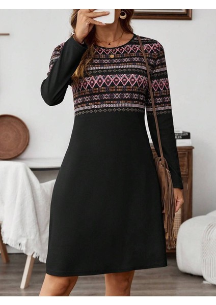 Kadın Uzun Kollu Bisiklet Yaka Etnik Desenli Kısa Şardonlu Dalgıç Elbise fırsatları