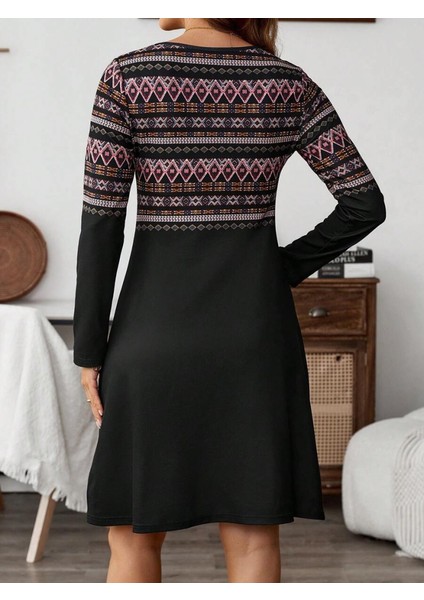 Kadın Uzun Kollu Bisiklet Yaka Etnik Desenli Kısa Şardonlu Dalgıç Elbise