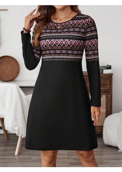 Kadın Uzun Kollu Bisiklet Yaka Etnik Desenli Kısa Şardonlu Dalgıç Elbise