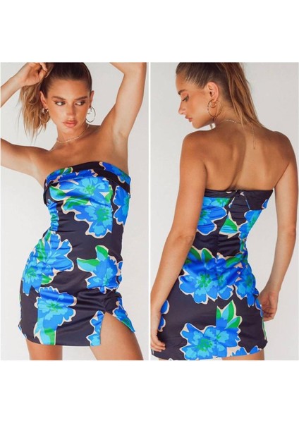 Kadın Çiçek Deseni Yırtmaç Detay Fırsat Ürün Mini Straplez Elbise fiyatları