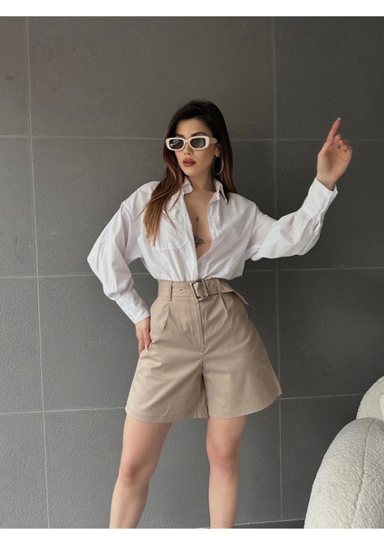 Kuş Gözü Kemerli Geniş Paçalı Mom Şort