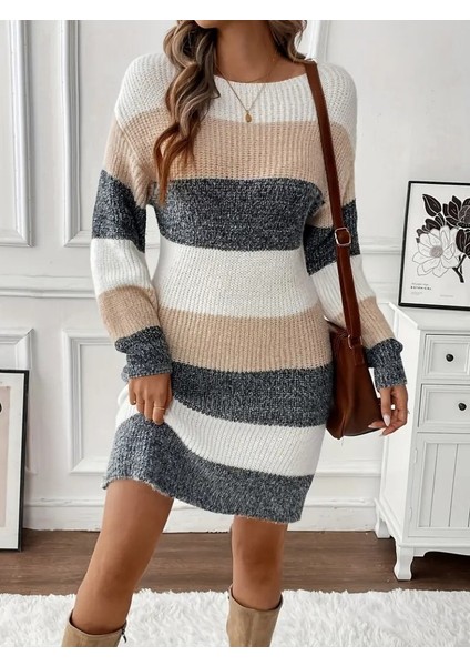 Kadın Uzun Kollu Yuvarlak Yaka Çizgili Çok Renkli Triko Elbise