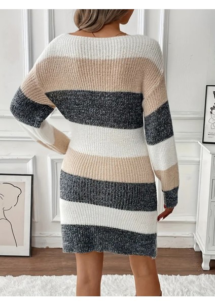 Kadın Uzun Kollu Yuvarlak Yaka Çizgili Çok Renkli Triko Elbise fiyatları