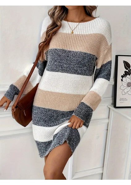 Kadın Uzun Kollu Yuvarlak Yaka Çizgili Çok Renkli Triko Elbise indirimleri