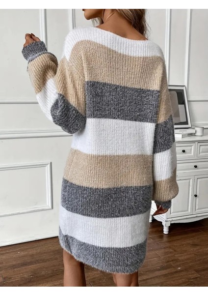 Kadın Uzun Kollu Yuvarlak Yaka Çizgili Çok Renkli Triko Elbise