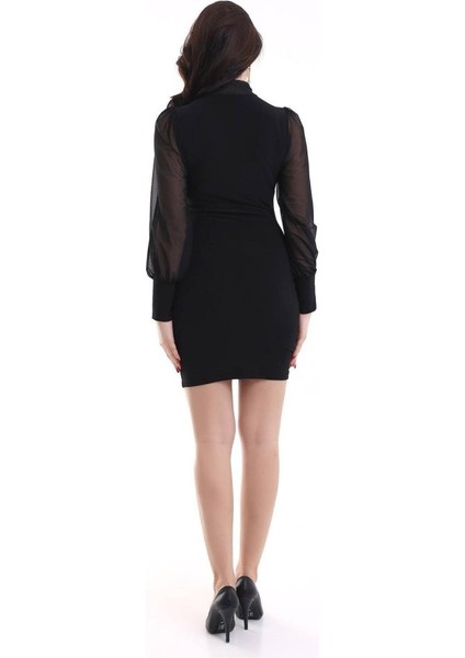 Kadın Balıkçı Yaka Transparan Detay Fırsat Ürün Sandy Kumaş Mini Elbise