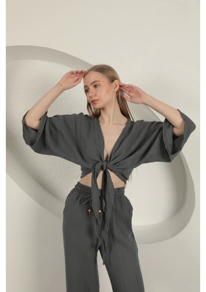 Müslin Kumaş Kimono-Antrasit fırsatları