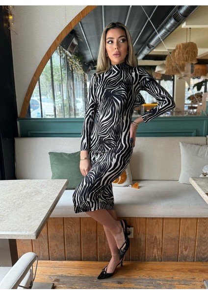 Kadın Zebra Desen Süet Kumaş Fırsat Ürün Midi Boy Elbise