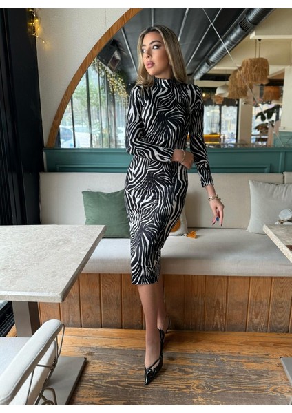 Kadın Zebra Desen Süet Kumaş Fırsat Ürün Midi Boy Elbise