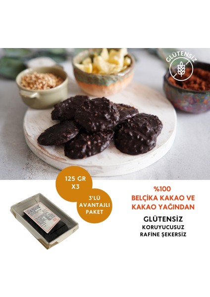 Rocher Artizan Vegan Glutensiz Şekersiz %70 Bitter Belçika Çikolatası 3'lü Avantaj Paketi (125 Grx3)
