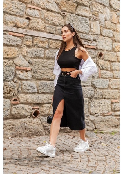 Kadın Yüksek Bel Önden Yırtmaçlı Cepli Midi Kot Etek