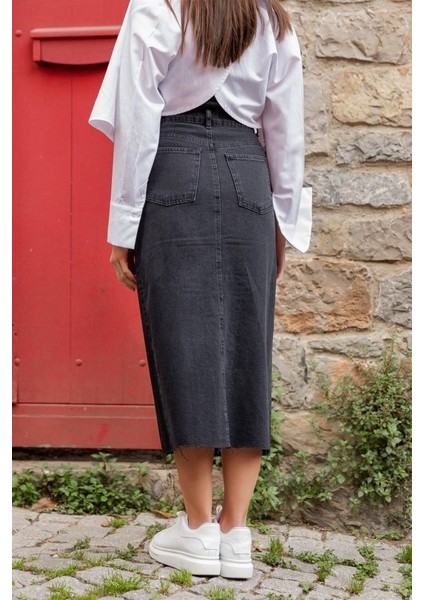 Kadın Yüksek Bel Önden Yırtmaçlı Cepli Midi Kot Etek