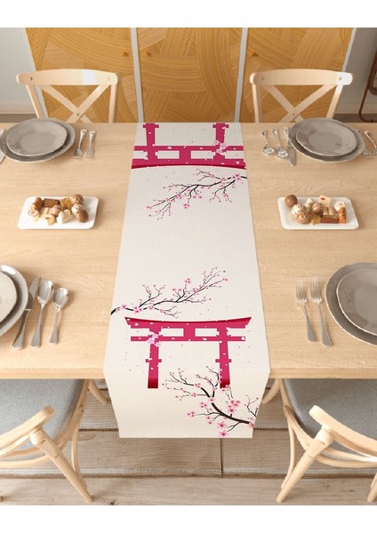 Sakura Çiçek Desenli Özel Tasarım Runner Dijital Baskılı Dekoratif Masa Örtüsü Modern Ev Dekorasyonu