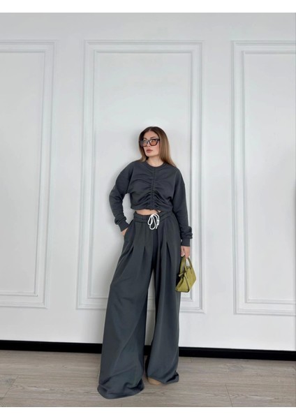 Uzun Kollu Önü Ip Büzgülü Crop ve Pantolon Ikili Takım - Antrasit fiyatları
