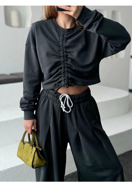 Uzun Kollu Önü Ip Büzgülü Crop ve Pantolon Ikili Takım - Antrasit