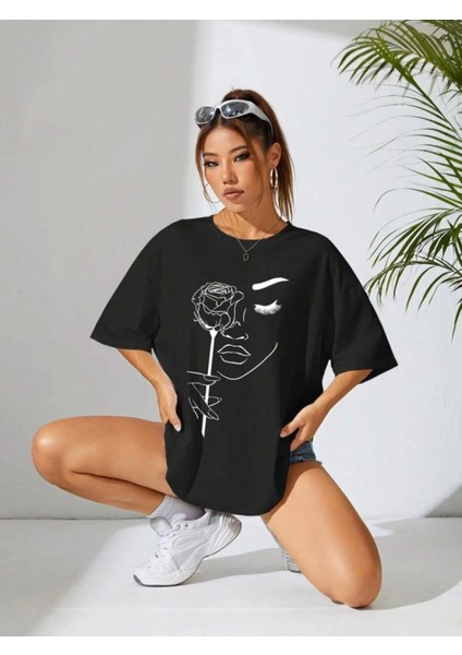 Baskılı Oversize T-Shirt - Siyah