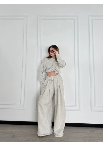 Uzun Kollu Önü Ip Büzgülü Crop ve Pantolon Ikili Takım - Gri fiyatları