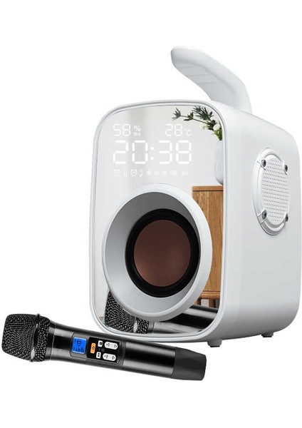 Mikrofonlu Kablosuz Bluetooth Hoparlör Kulplu, Aynalı 11W Güçlü Hi-Fi Sesi, Dijital Saat ve Fm Radyo