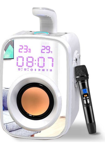 Mikrofonlu Kablosuz Bluetooth Hoparlör Kulplu, Aynalı 11W Güçlü Hi-Fi Sesi, Dijital Saat ve Fm Radyo