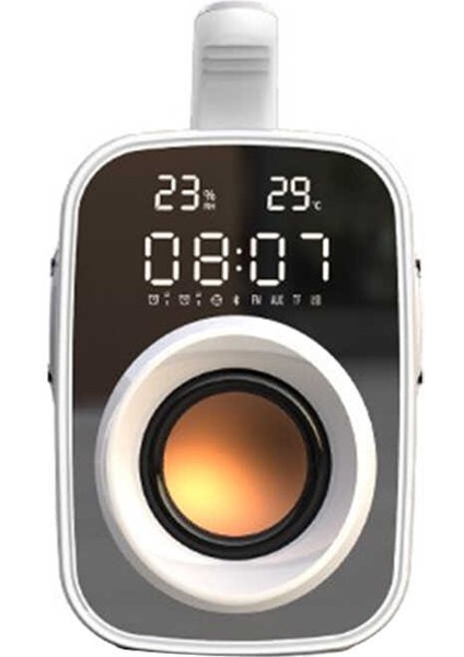 Mikrofonlu Kablosuz Bluetooth Hoparlör Kulplu, Aynalı 11W Güçlü Hi-Fi Sesi, Dijital Saat ve Fm Radyo
