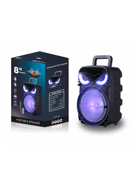 Rgb Işıklı Parti Karaoke Hoparlör Bluetooth, 8 Inç Güçlü Bas, Mikrofonlu, Fm Radyo ve Tws Stereo Ses