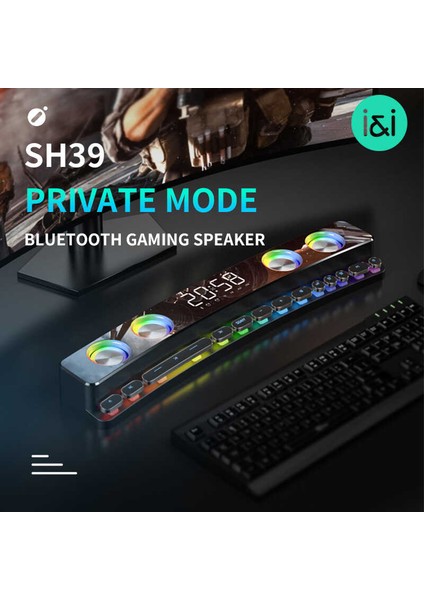 Gaming Kablosuz Bluetooth Speaker Hoparlör Renkli Rgb Işıkları, 12W Güçlü Sesi Dijital Saat ve Alarm