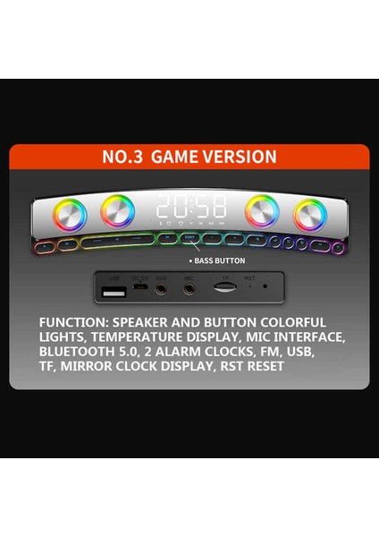 Gaming Kablosuz Bluetooth Speaker Hoparlör Renkli Rgb Işıkları, 12W Güçlü Sesi Dijital Saat ve Alarm