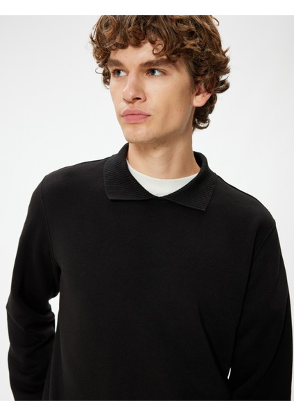 Yeni Sezon Polo Yaka Sweatshirt Basic Uzun Kollu Şardonlu Pamuk Karışımlı