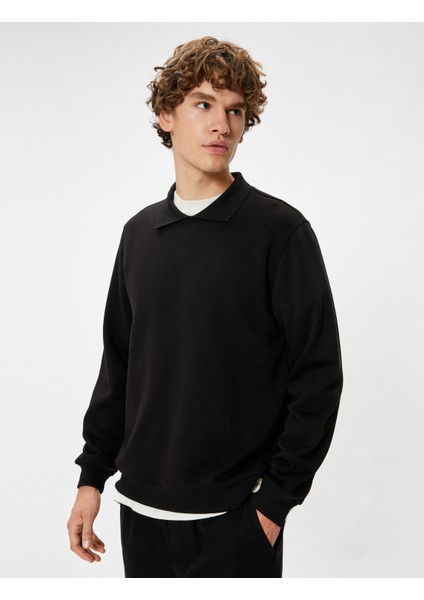Yeni Sezon Polo Yaka Sweatshirt Basic Uzun Kollu Şardonlu Pamuk Karışımlı