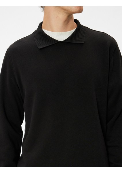 Yeni Sezon Polo Yaka Sweatshirt Basic Uzun Kollu Şardonlu Pamuk Karışımlı