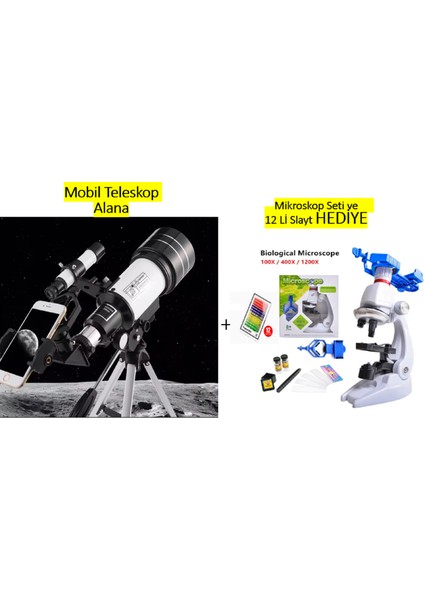 Mobil Telefon Tutuculu Teleskop Alana + Işıklı Aksesuarlı Mobil 1200X Mikroskop Seti ve 12 Li Örnek Seti Hediye(Uzay Gezegen Ay Yıldız Doğa Gözlem Teleskobu 150X)+ 2 Telefon Tutucu Dahildir