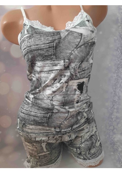 Siyah Beyaz Ip Askılı Yakası Dantelli Üst ve Paçaları Dantelli Şort Kadın Takım %92 Pamuk Cotton %8 Elastan Ince Yumuşak fiyatları