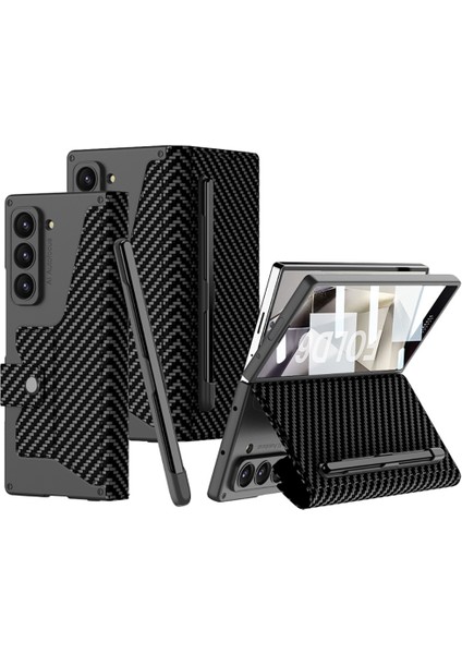Galaxy Z Fold 6 Kılıf Kamera Korumalı Karbon Tasarımlı Lüks Kıpta Kalem Bölmeli Fest Kapak