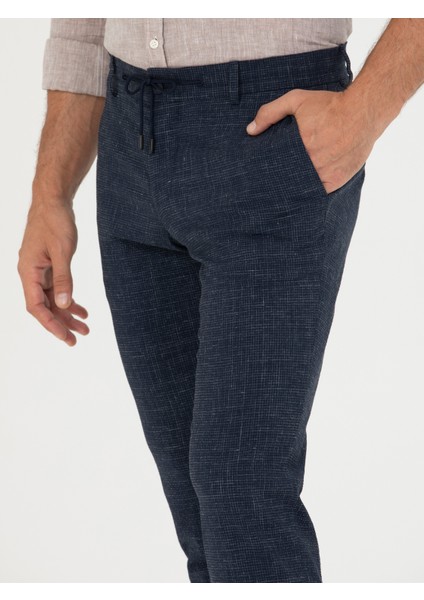Erkek Lacivert Slim Fit Keten Karışımlı Pantolon 50265205-VR033