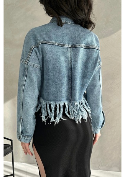 Püskül Detaylı Denim Crop Ceket indirimleri