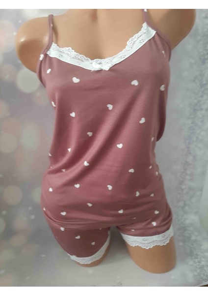 Gül Kurusu Ip Askılı Yakası Dantelli Kalp Desenli Üst ve Paçaları Dantelli Şort Kadın Takım %100 Cotton Ince Yazlık Takım fiyatları