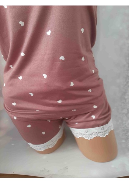 Gül Kurusu Ip Askılı Yakası Dantelli Kalp Desenli Üst ve Paçaları Dantelli Şort Kadın Takım %100 Cotton Ince Yazlık Takım modelleri