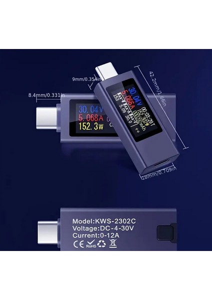 KWS-2302C Tip-C Multimetre, Dijital Gerilim & Akım Test Cihazı, 4-30V 0-12A, Endüstriyel Sınıf, Metal Konstrüksiyon, Şok Önlü, USB Güçlü, 1% Hassasiyet