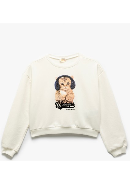 Yeni Sezon Kedi Baskılı Uzun Kollu Crop Sweatshirt